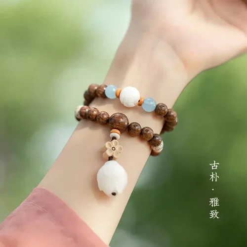 素香幽然一念天然金丝檀木双圈手串女手链民族风禅服文艺配饰