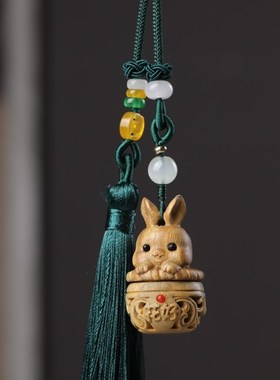 绿檀木雕镂随古风香囊球手机背包钥匙吊I坠猫车身空载挂件饰