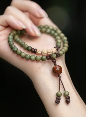原创老料绿檀木佛珠手串女森系学生檀香百香籽手链情侣民族风男