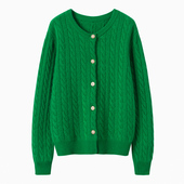 纯山羊绒开衫 秋冬新款 针织长袖 百搭外套羊毛衣衫 绿色 圆领绞花厚款