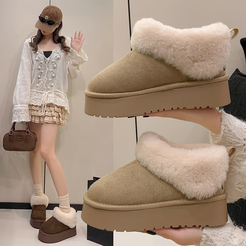 毛毛口雪地靴女2025冬季新款韩版网红松糕厚底加绒加厚包头棉拖鞋