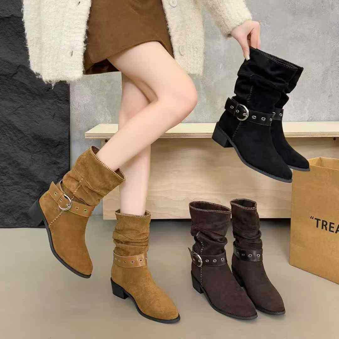 美拉德棕色靴子女2025年新款复古洋气炸街牛仔短靴粗跟中筒骑士靴