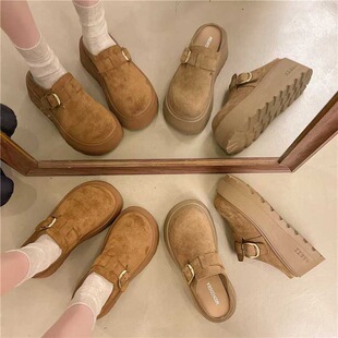 5cm增高松糕厚底小个子女鞋冬季勃肯鞋包头半拖鞋外穿一脚蹬单鞋