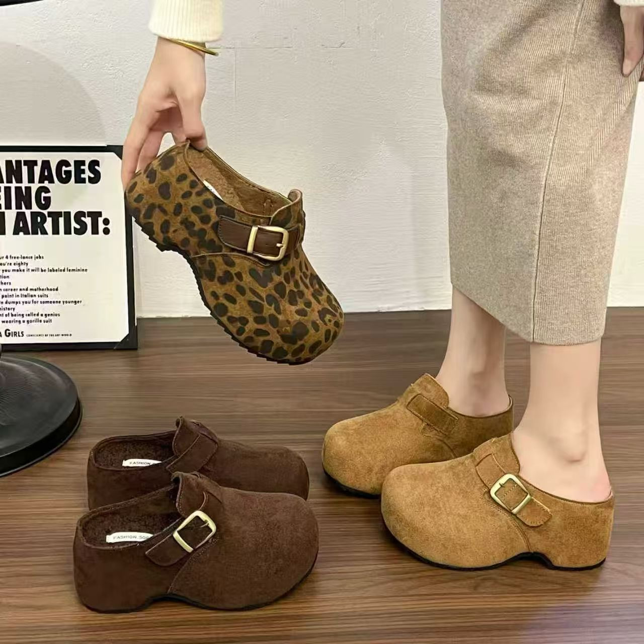 厚底勃肯鞋女2025秋冬新款懒人一脚蹬拖鞋女包头半拖鞋女百搭增高