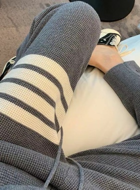 华夫格运动裤2022秋冬新款TB潮四道杠宽松长裤加绒束脚卫裤男女款