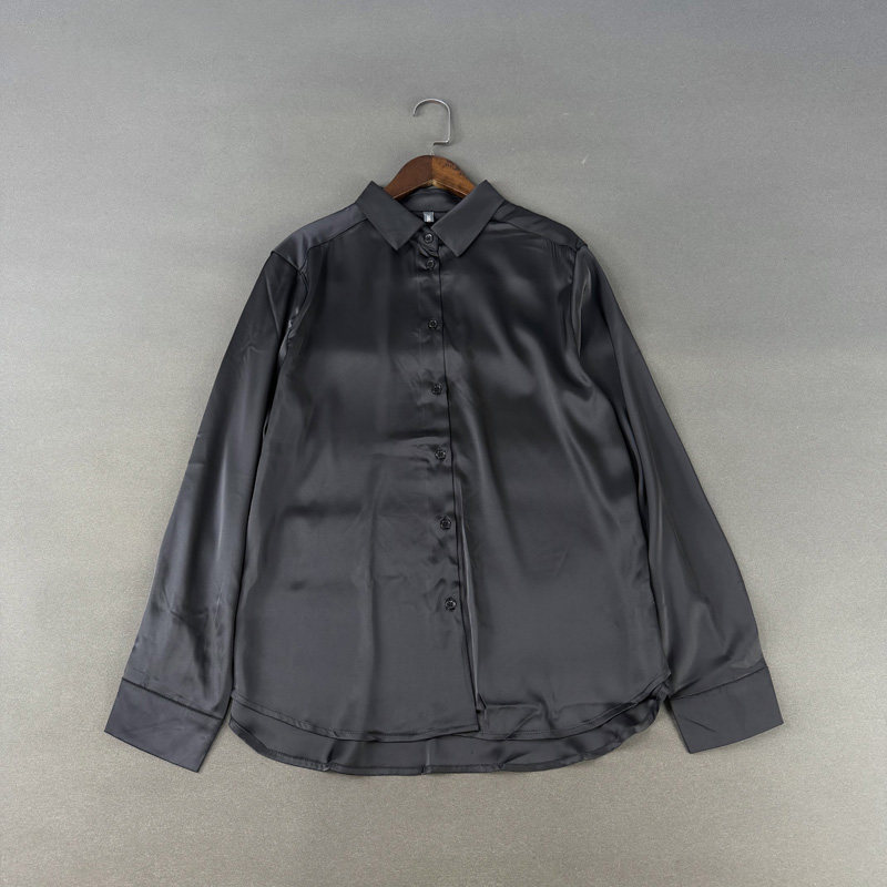 外贸女装春季通勤OL黑色衬衣丝滑醋酸缎面单排扣宽松长袖衬衫上衣