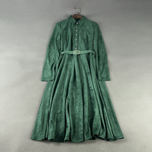 显瘦长袖 原 裙腰带收腰中长款 绿色麂皮绒A字衬衫 连衣裙女 波兰单