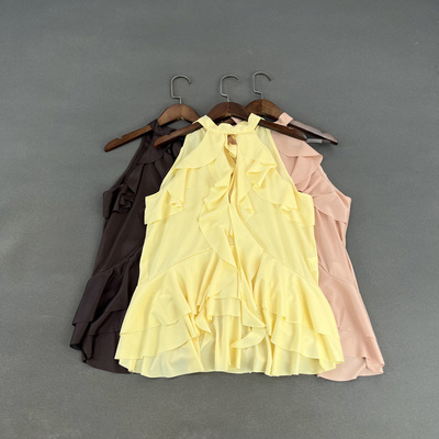 荷叶边叠层挂脖圆领背心坎肩上衣