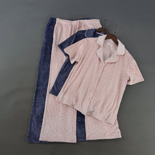 美国单 春季立体压花天鹅绒翻领短袖睡衣睡裤家居服套装女两件套