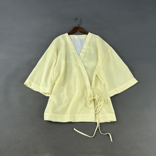 外贸女装夏季薄款仿棉系带围裹和服式宽松V领七分袖条纹衬衫上衣