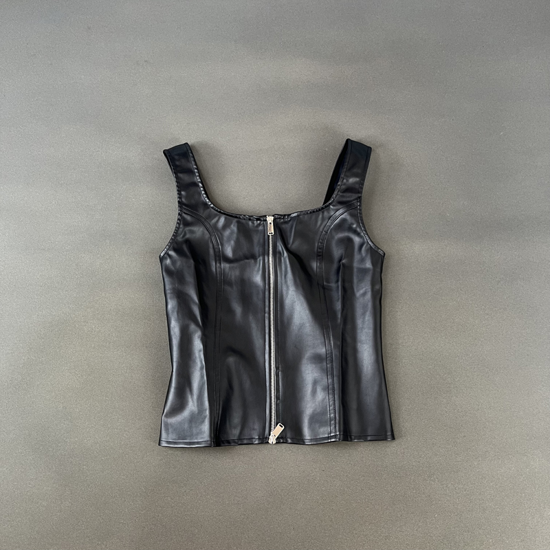 外贸女装秋冬复古设计感前拉链修身显瘦PU皮吊带背心方领马甲上衣