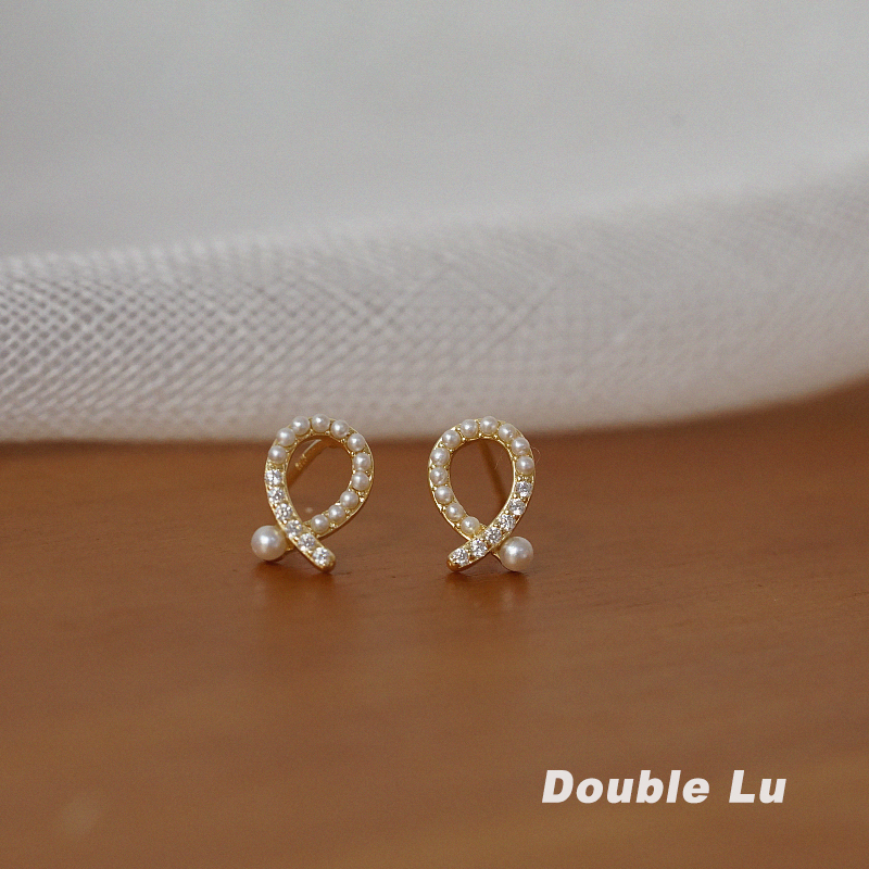 通体纯银镀金交叉珍珠耳钉俏皮