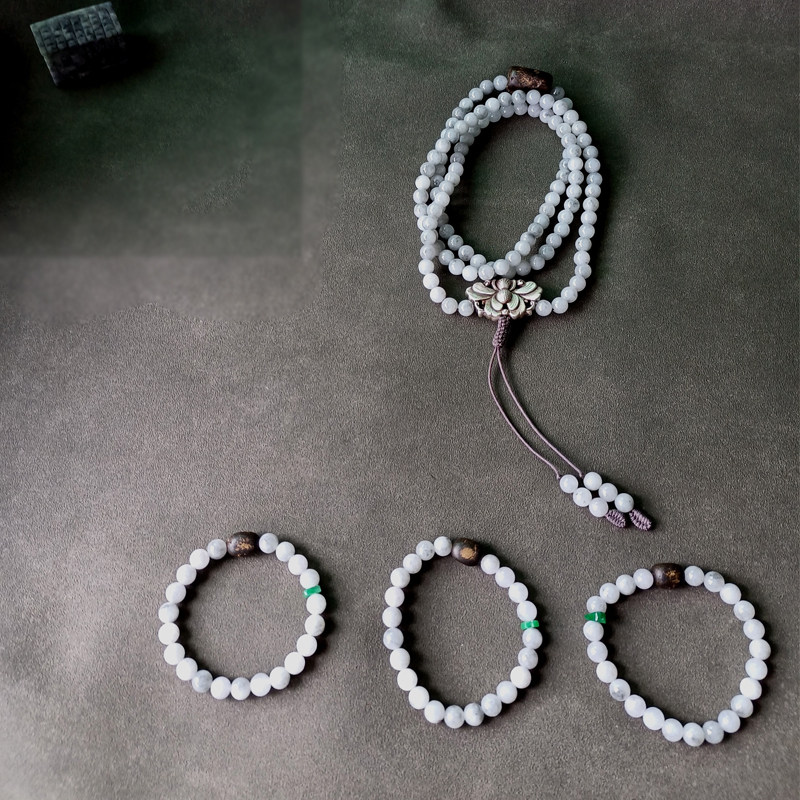 水墨画一般翡翠冰乌鸡沉香纯银念珠/多圈手链/项链：风雪夜归人