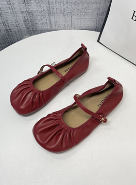 软皮玛丽珍女平底单鞋2025秋季新款一字带配裙子仙女风红色芭蕾鞋