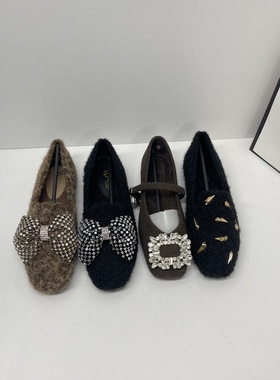 36码平跟方头单鞋秋冬加绒保暖棉鞋浅口毛毛鞋通勤百搭气质奶奶鞋