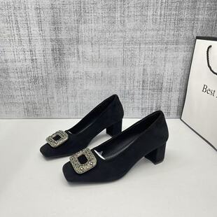 法式 女春季 晚晚绒面气质方头水钻鞋 子 小香风配裙子浅口粗跟单鞋