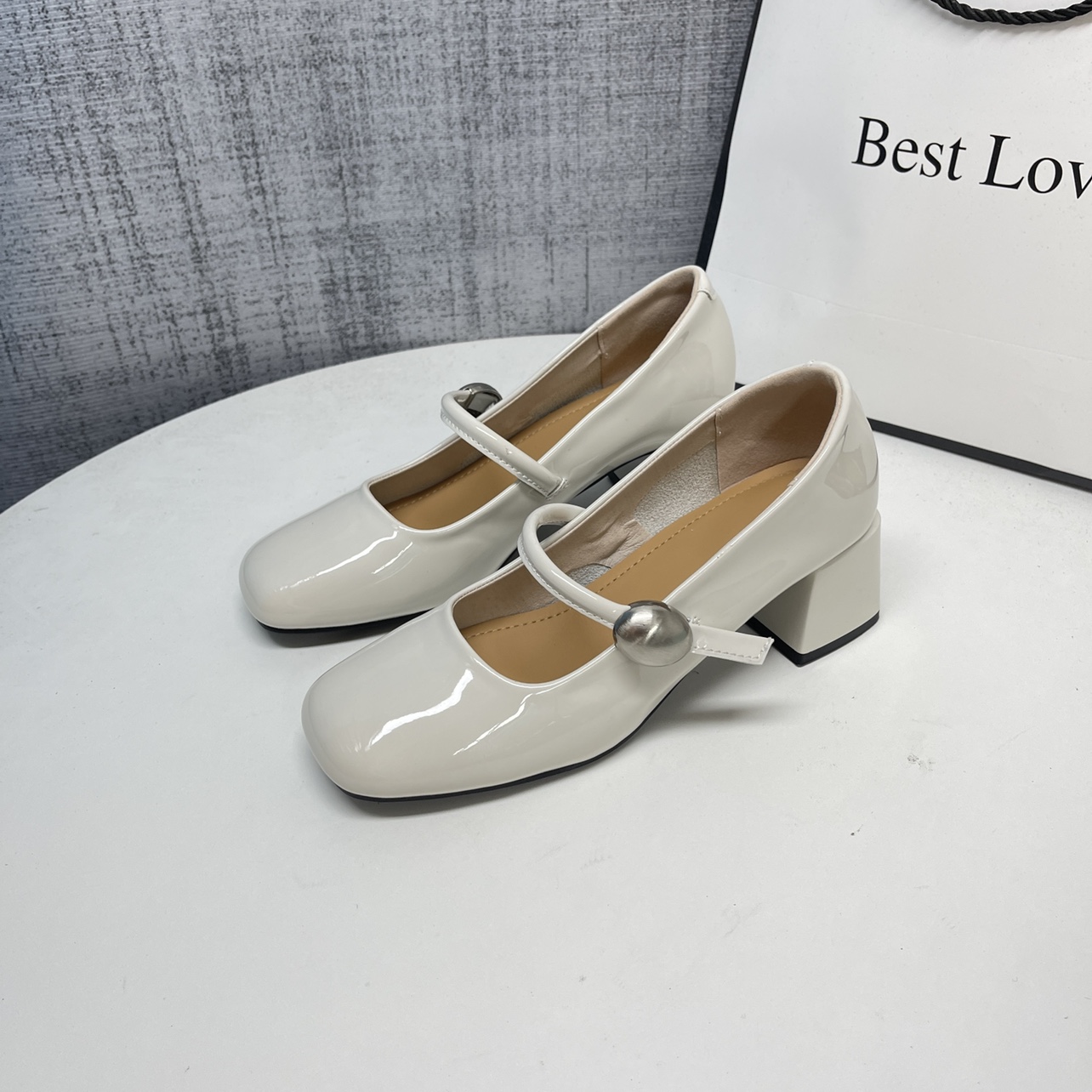 法式玛丽珍粗跟一字扣高跟鞋女