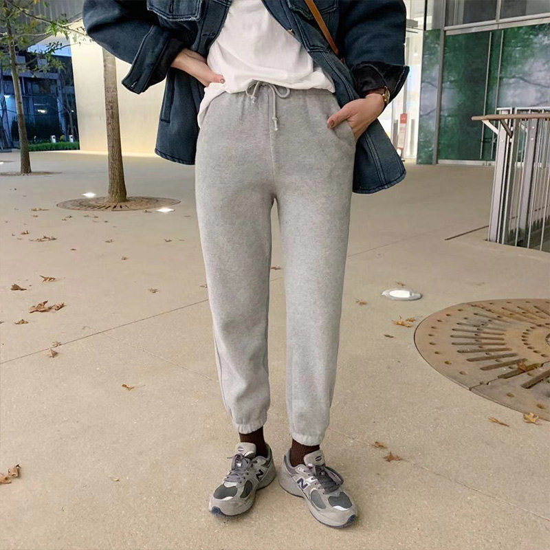 灰色运动裤女宽松束脚秋冬加绒加厚2020新款时尚显瘦休闲九分卫裤