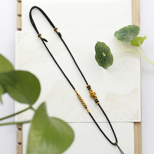 纯手工编绳编织项链绳毛衣链吊坠挂绳黑金搭配金饰八宝如意结定制