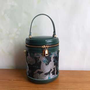 头层发财水桶包钥钥手工牛皮包diy材料自制宋锦手工皮包圆筒包