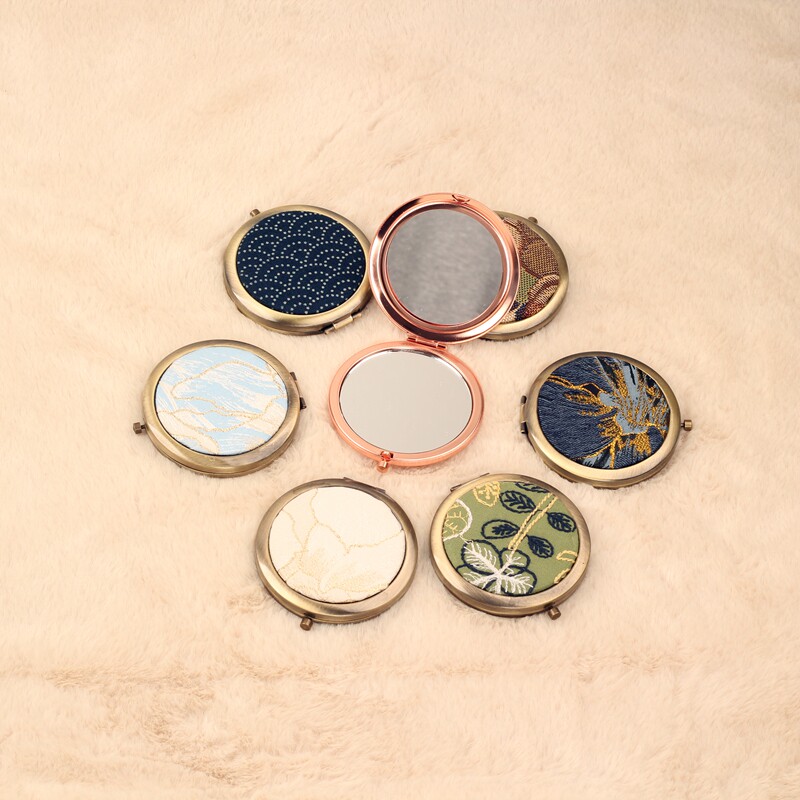 钥钥手工DIY复古布艺化妆镜女生便携随身金属折叠