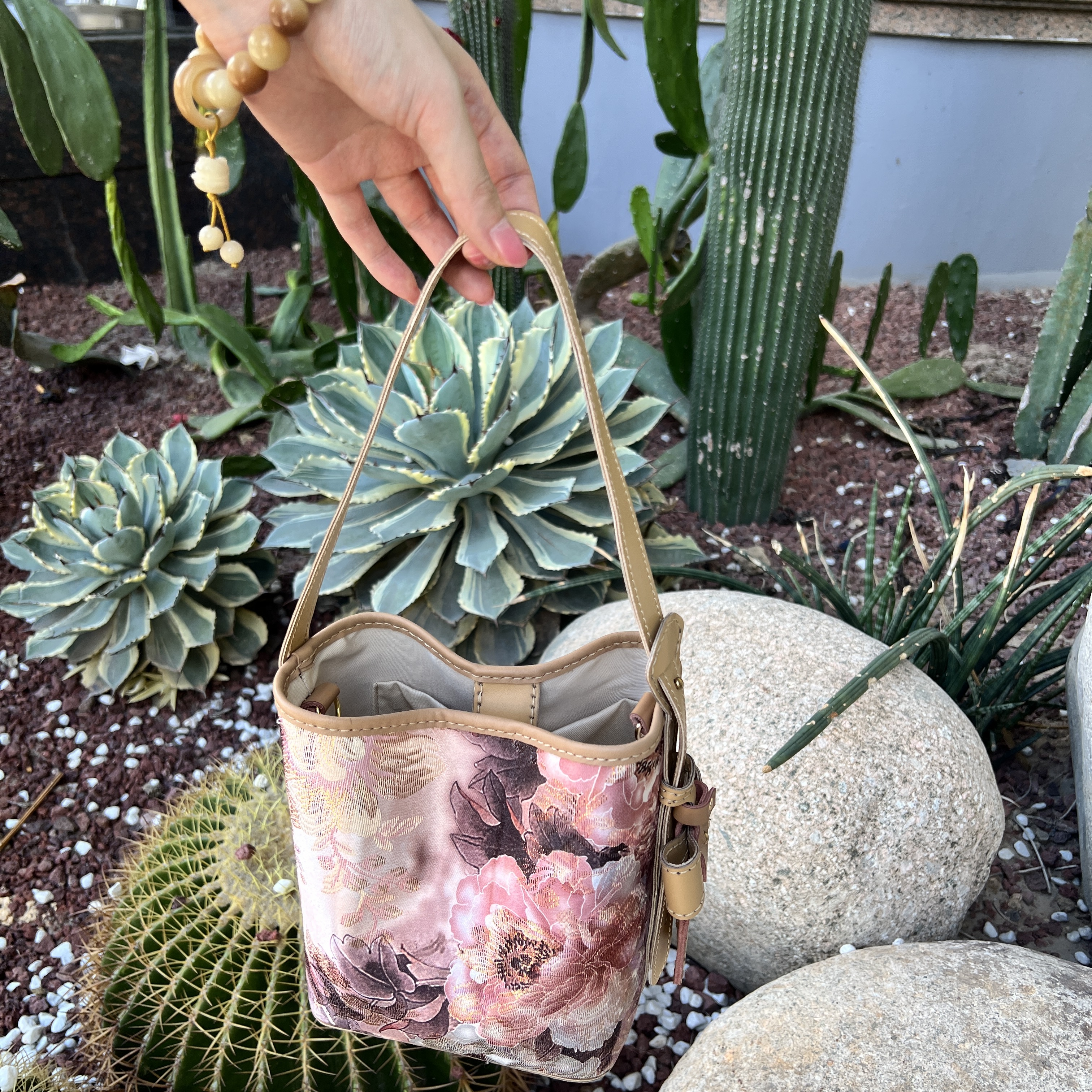 荔枝纹蝴蝶结水桶包钥钥手工牛皮diy自制材料包宋锦新中式