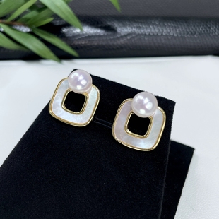 天然珍珠母贝几何方形耳坠港风复古气质耳钉高级感耳饰s925银针