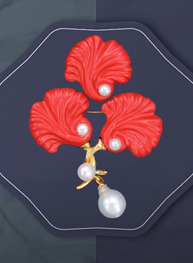 三生有幸 朱砂银杏叶红色胸针胸花吊坠精致配饰旗袍扣多用