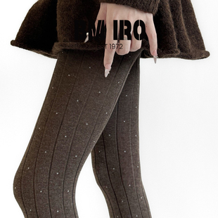 日本BM iro复古麻棕栗色竖条纹波点裤袜女春秋千金风圆点打底丝袜