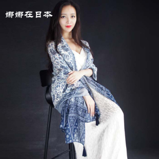 日本代购明星同款空调棉麻青花瓷披肩夏旅游度假海滩防晒沙滩围巾