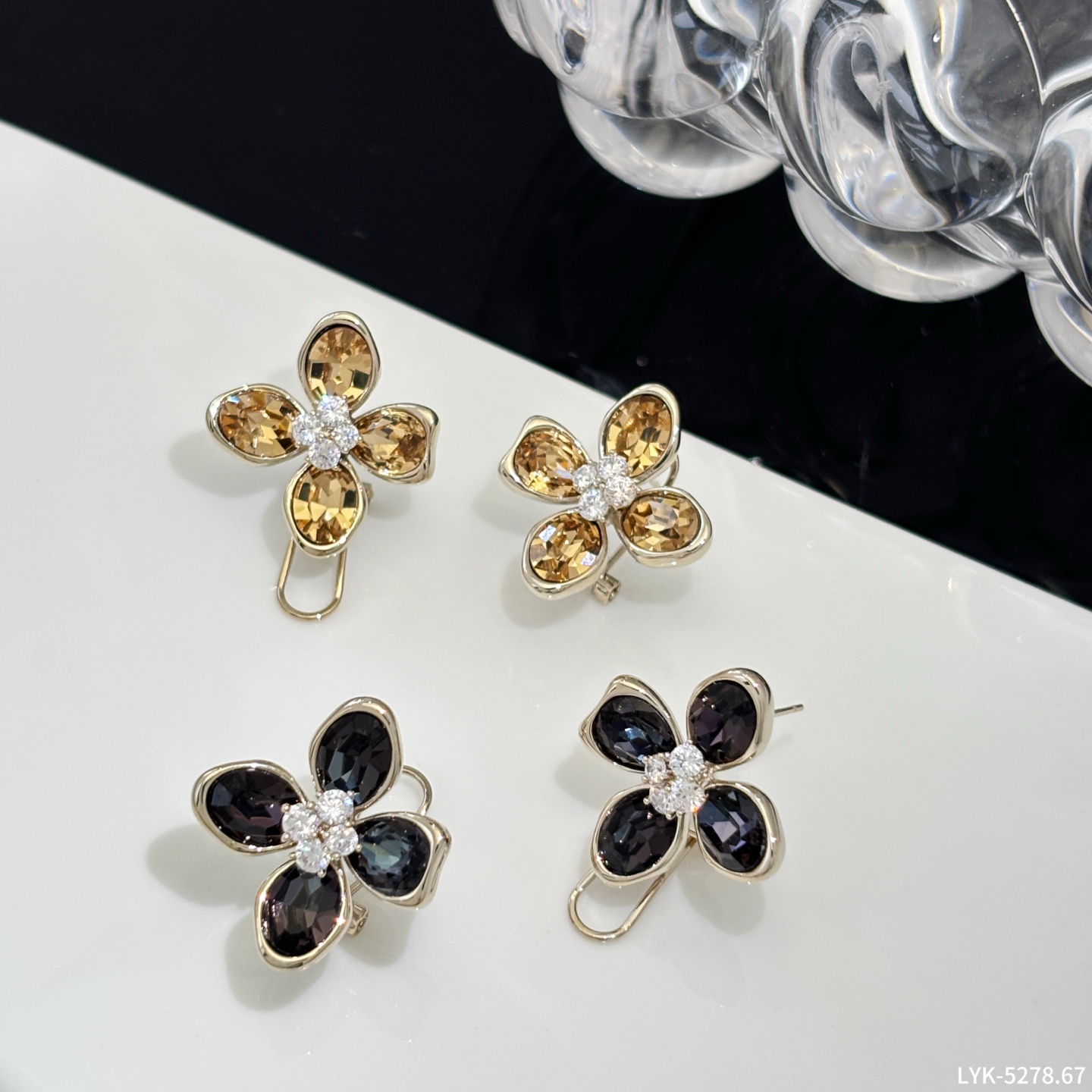 丽贝丽影s925银针爆款高级感玻璃花朵针夹耳钉女法式时尚经典耳饰