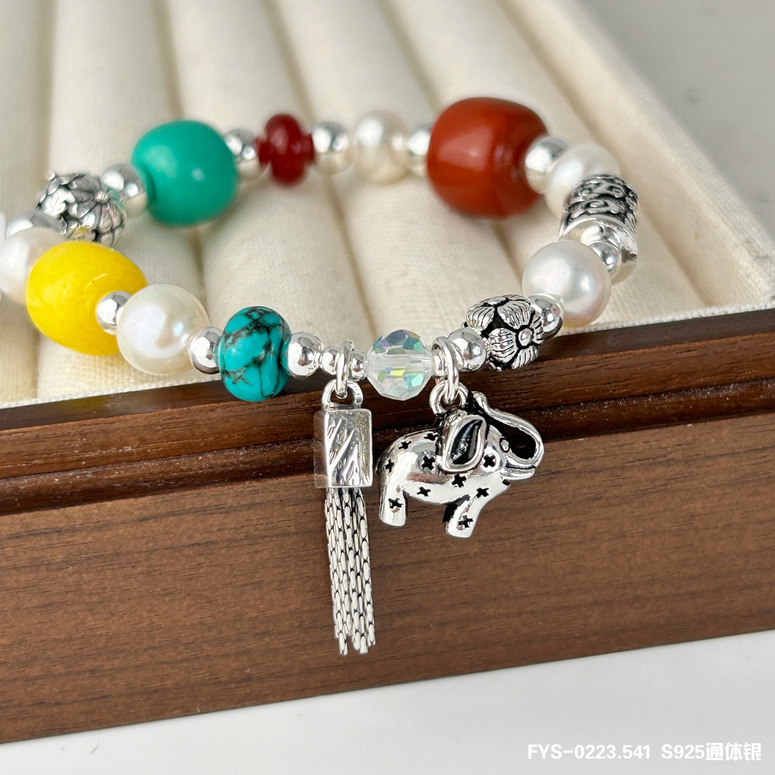 梵邑银饰S925通体银FYS-0223复古名族风天然淡水珠小象手串手链女
