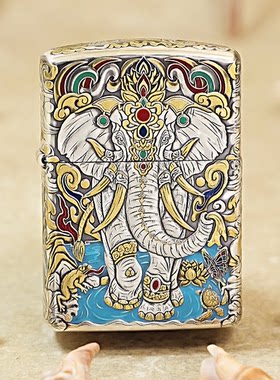 zippo打火机原装正品如意吉象大象镀银彩绘盔甲珐琅彩 防风送男士