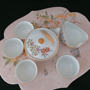 日本制 九谷烧稀有款勇岳大名家手绘梅花诗文宝瓶茶具套 罕见