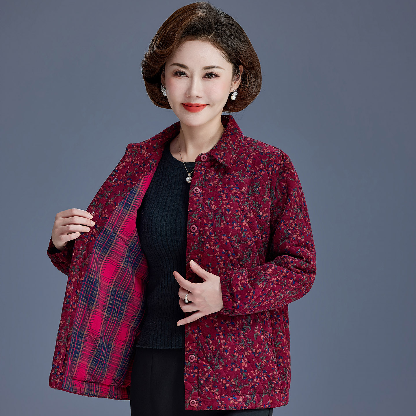 中老年春秋夹棉外套妈妈秋冬薄纯棉灯芯绒上衣老人衣服奶奶小棉袄