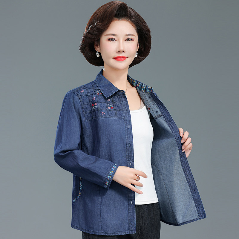 妈妈春秋装衬衫纯棉长袖牛仔休闲中老年大码宽松时尚开衫外套上衣