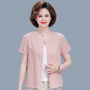 妈妈夏装宽松纯棉衬衫新款中老年女短袖绣花圆领气质大码奶奶上衣