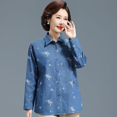 中老年妈妈春秋装宽松长袖衬衫女