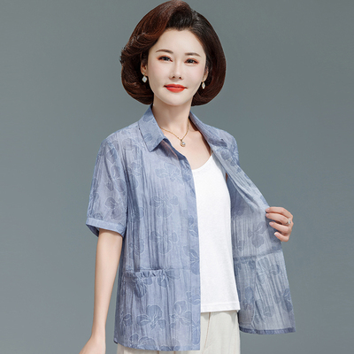 妈妈夏装短袖T恤小衫2025新款印花洋气上衣中老年女时尚大码衬衫