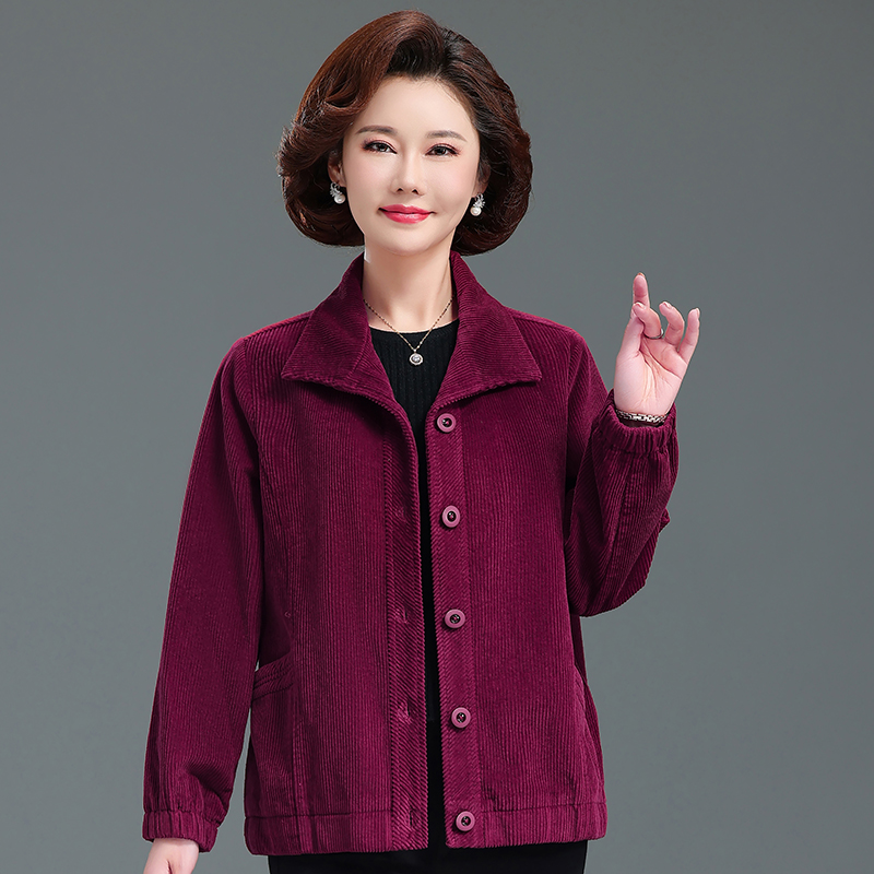 妈妈春装新款灯芯绒上衣大码中老年条绒秋季外套纯棉洋气休闲短款