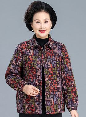 中老年秋冬装女夹棉外套纯棉印花