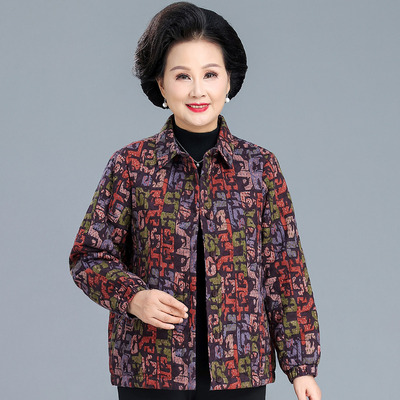 中老年秋冬装女夹棉外套纯棉印花