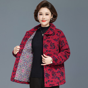 中老年棉衣女冬装翻领纯棉灯芯绒外套老年人花棉袄奶奶装老人衣服