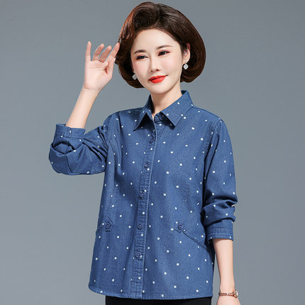 中老年妈妈春夏季宽松长袖衬衫女纯棉牛仔奶奶休闲上衣老太太衣服