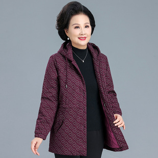 妈妈秋冬女夹棉外套小棉袄中老年连帽纯棉印花上衣奶奶棉服中长款