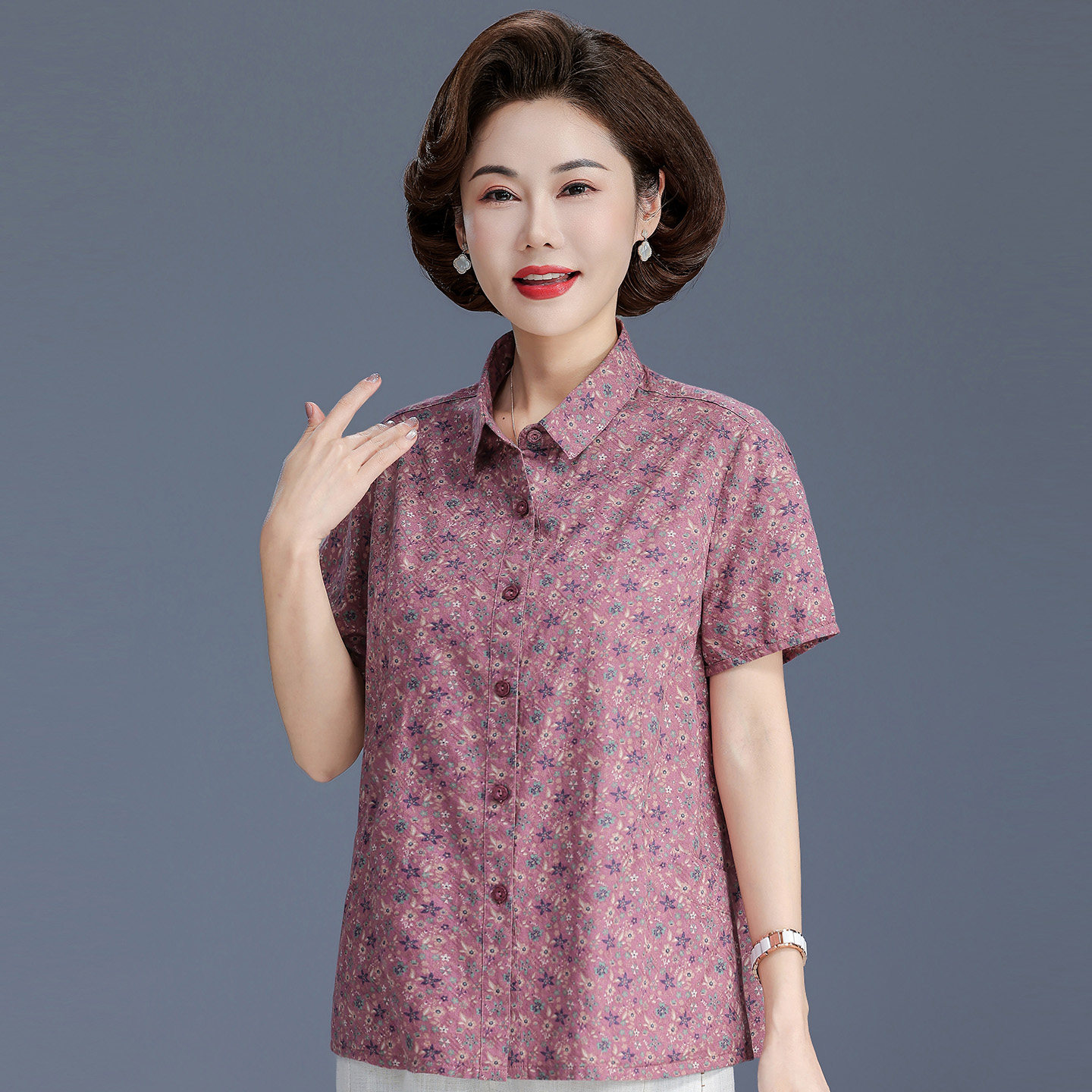 中老年女短袖纯棉衬衫碎花妈妈夏装全棉衣服奶奶大码上衣开衫T恤