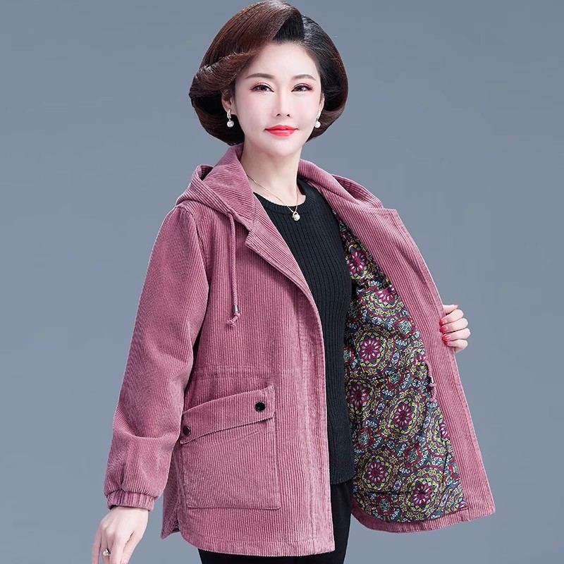 中老年女春秋纯棉外套老人条绒风衣加大码灯芯绒夹克妈妈上衣服冬