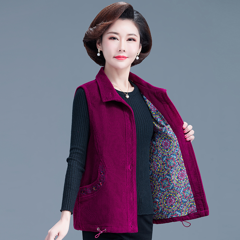 灯芯绒纯棉马甲女短款2024春秋宽松大码中老年妈妈装背心坎肩马夹
