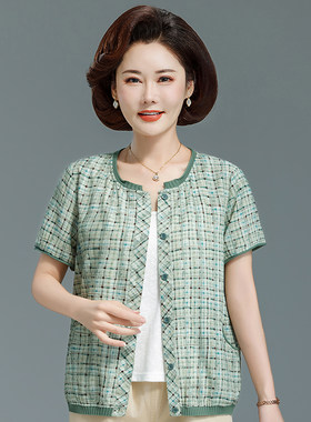 中老年女夏装格子短袖棉质衬衫