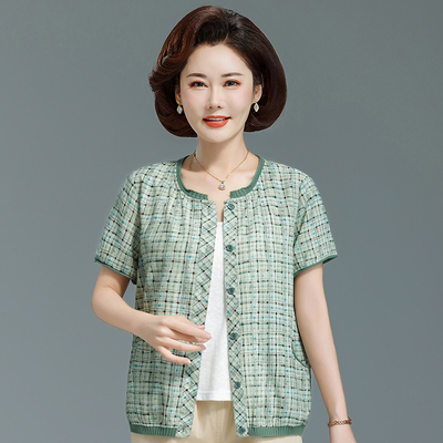 中老年女夏装格子短袖棉质衬衫